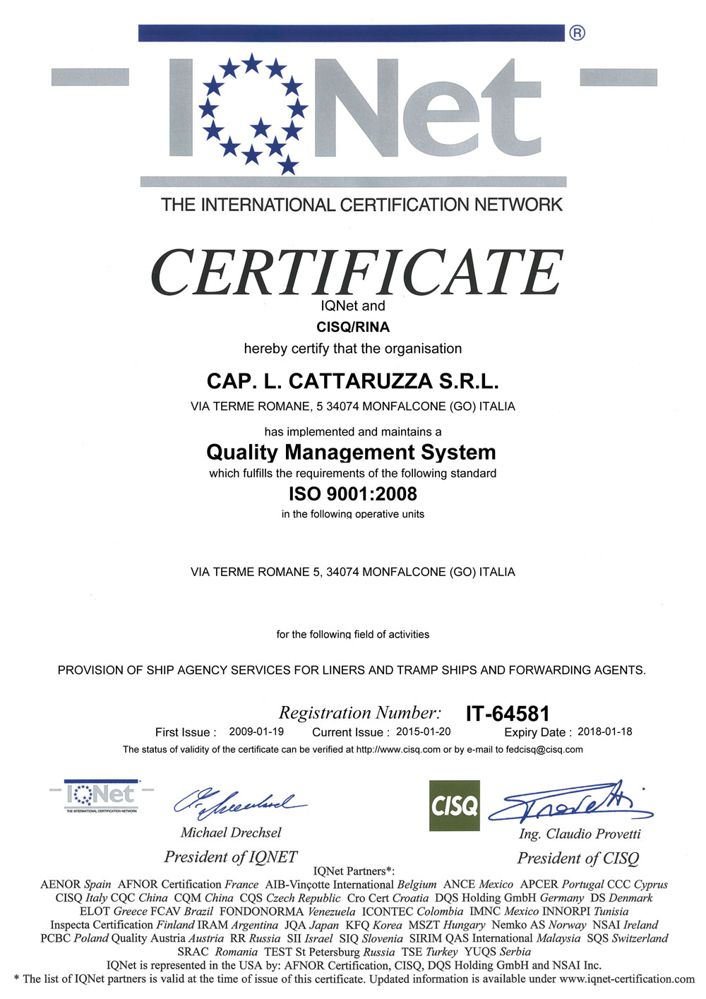 Agenzia Marittima Cap. L. Cattaruzza Monfalcone Quality ISO Shipping Agency