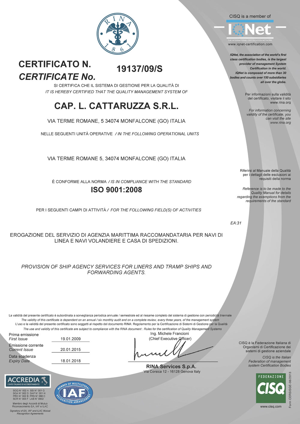 Agenzia Marittima Cap. L. Cattaruzza Monfalcone Quality ISO Shipping Agency